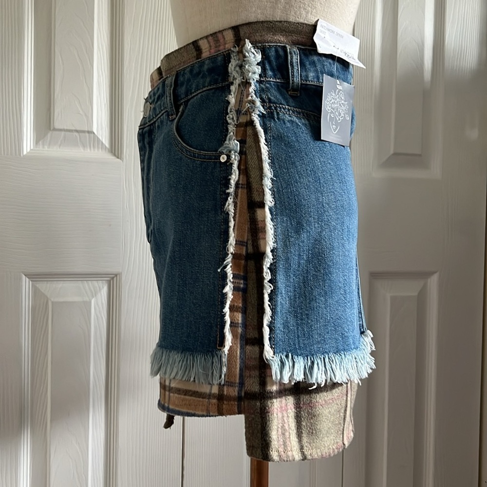 Insane Gene Patchwork Denim Fringe Mini Skirt New… - image 7